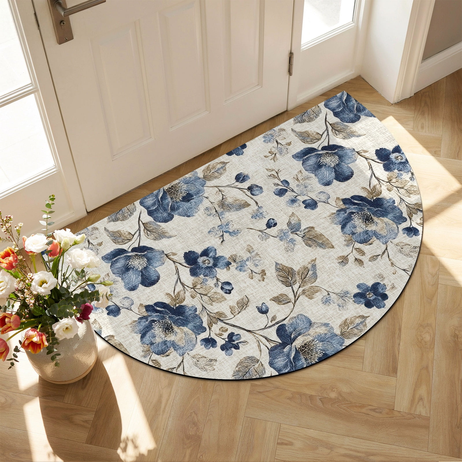 Front Door Mat Outside Entrance 18 x30 Blue Gray Spring Floral Absorbent & Non-Slip Half Circle Doormat Indoor Entrance Low-Profile Welcome Mat for Entryway Patio Vintage Botanical