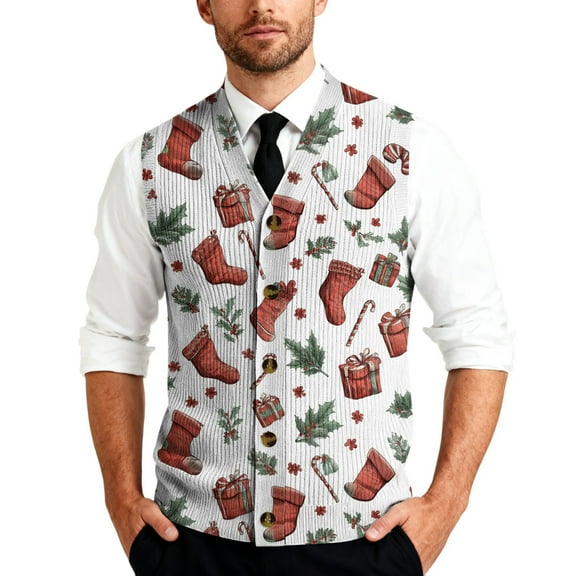 Resicozy Mens Christmas Sweater Vest Funny Xmas Printed Holiday Vests V-Neck Casual Cardigan Vest White XL
