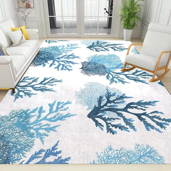 Blue Coral Area Rug, Coastal Ocean Theme Non Slip Noise Reduction Large Area Rugs, Easy Care Durable Carpet For Indoor Living Room Bedroom Office Decor Mat 5x8ft