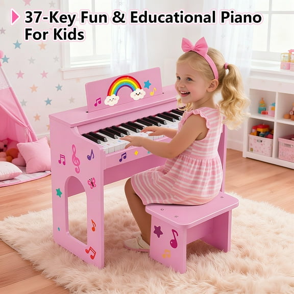 Mustar 37 Keys Kids Wooden Electronic Digital Piano Keyboard with Stool, Songbook, DIY Stickers (Pink)