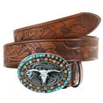 thumbnail image 5 of Western Belt for Women Men Cowboys Cowgirls Carving Leather Country Belts Bullhead Buckles, 5 of 7