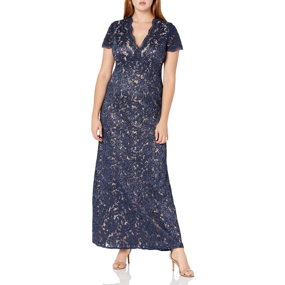 Alex Evenings Women's Long V-Neck Fit and Flare Dress Lace, Navynudelace, 12