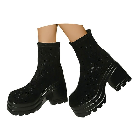 Mepaouo Platform Ankle Boots for Women High Heel Slip on Fashion Chelsea Combat Booties(Black,6)