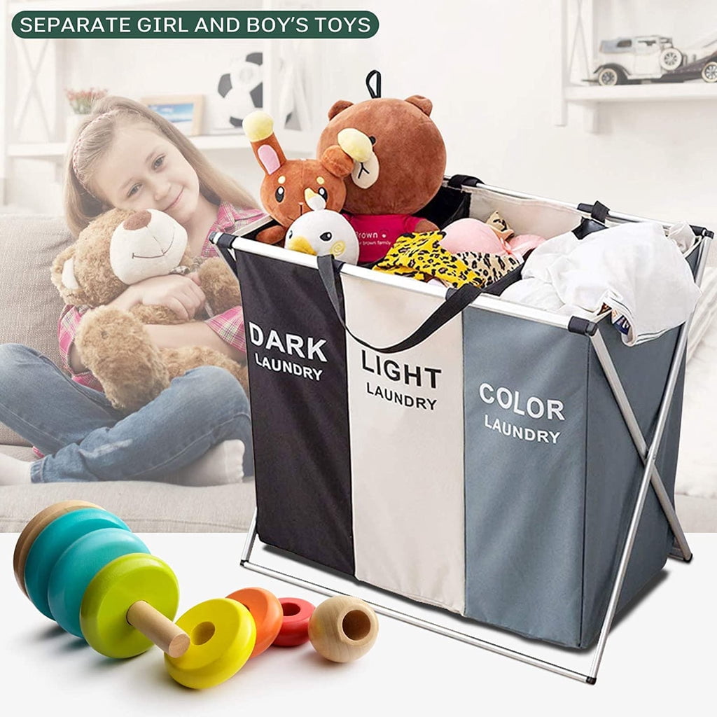 Keenstone Laundry Basket, 135L 3-Compartment Collapsible Waterproof Closes Sorter, Durable Fabric Basket for Home & Dorm Room