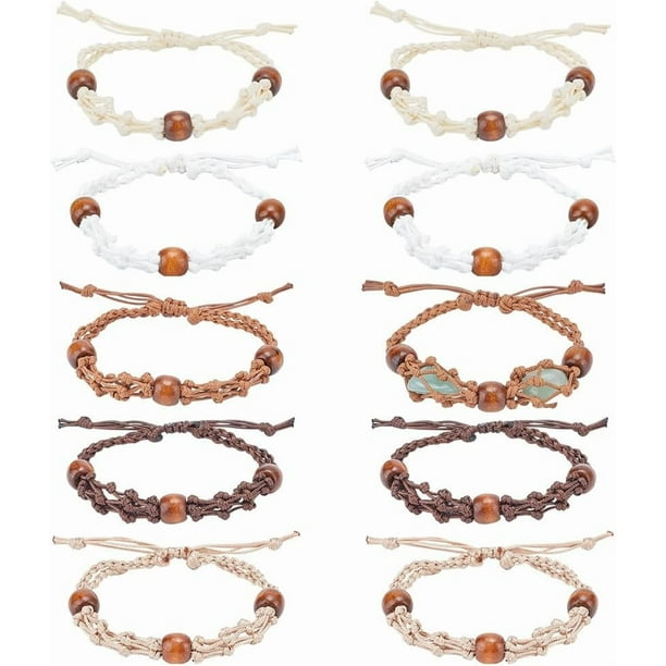 Pulsera de macramé de 10 piezas, 5 colores, cordón de nailon con piedras, ajustable, cuentas de madera y cristales.