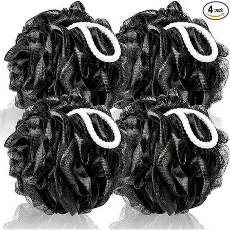 Shower Puff 4 Pack Black Bath Sponge Shower Loofahs Pouf Ball Nature Bamboo Charcoal Mesh Bulk Puffs Large, Shower Essential Skin Care by DEKEones