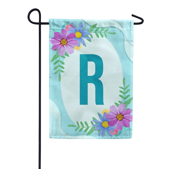 America Forever Spring Monogram Garden Flag Letter R 12.5 x 18 inches Double Sided Vertical Outdoor, Yard, Lawn, Pink and Blue Flowers, Cosmos, Leaves, Summer Flower Garden Flag