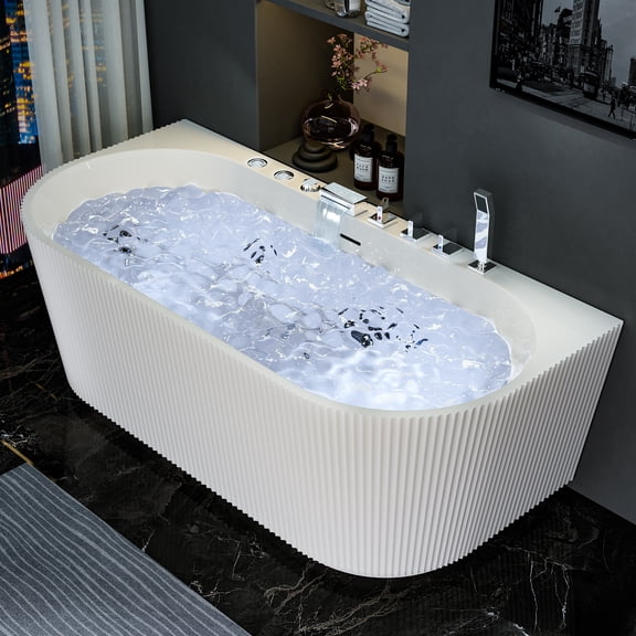 Freestanding Acrylic Whirlpool Bathtub with LED Lights, Soaking Tub with Jets, Handheld Shower & Center Drain