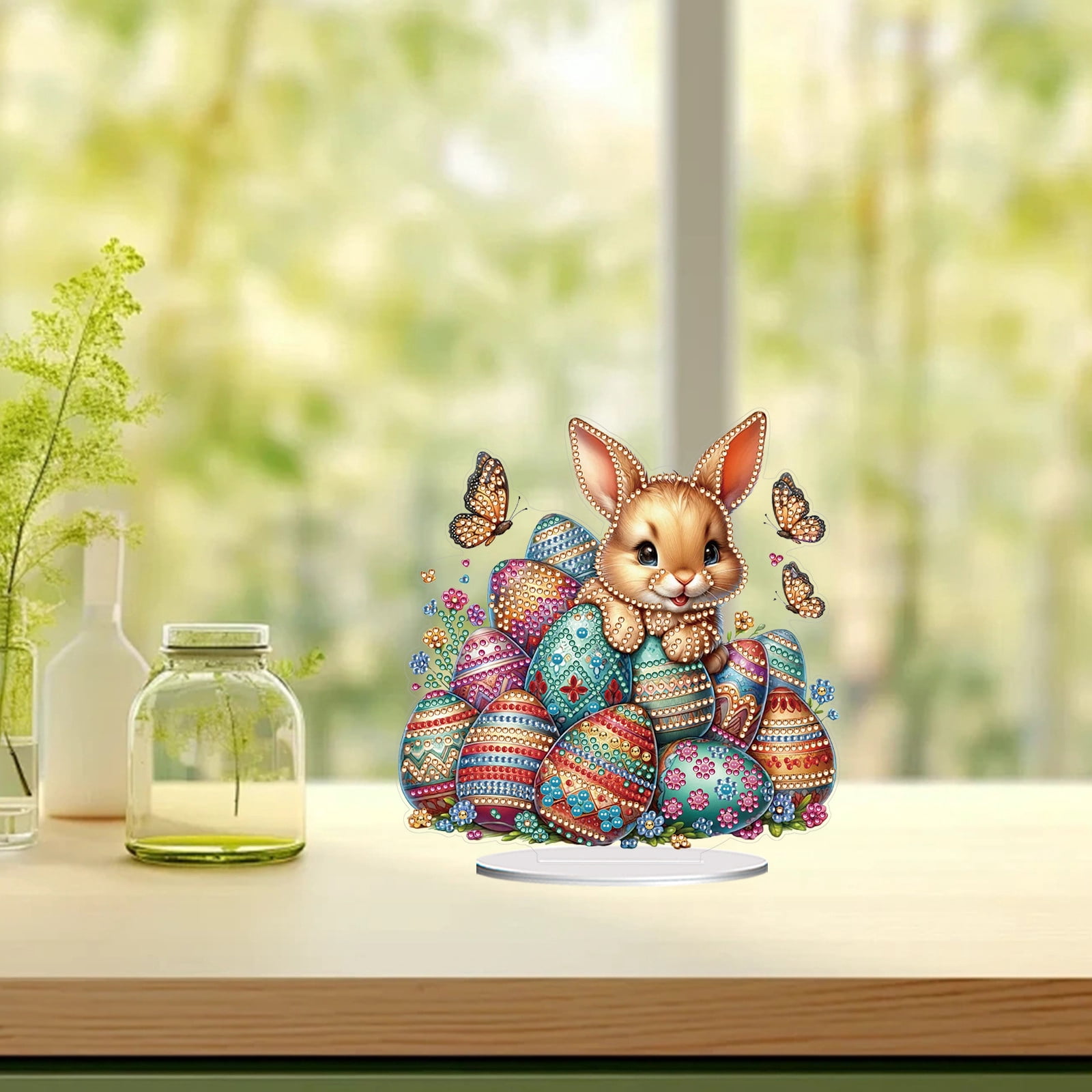 FLOPESN DIY Diamond Art Painting Easter Bunny Ornament Kits with Oval Base, Single-Sided Diamond Painting PET Craft for Home Decor