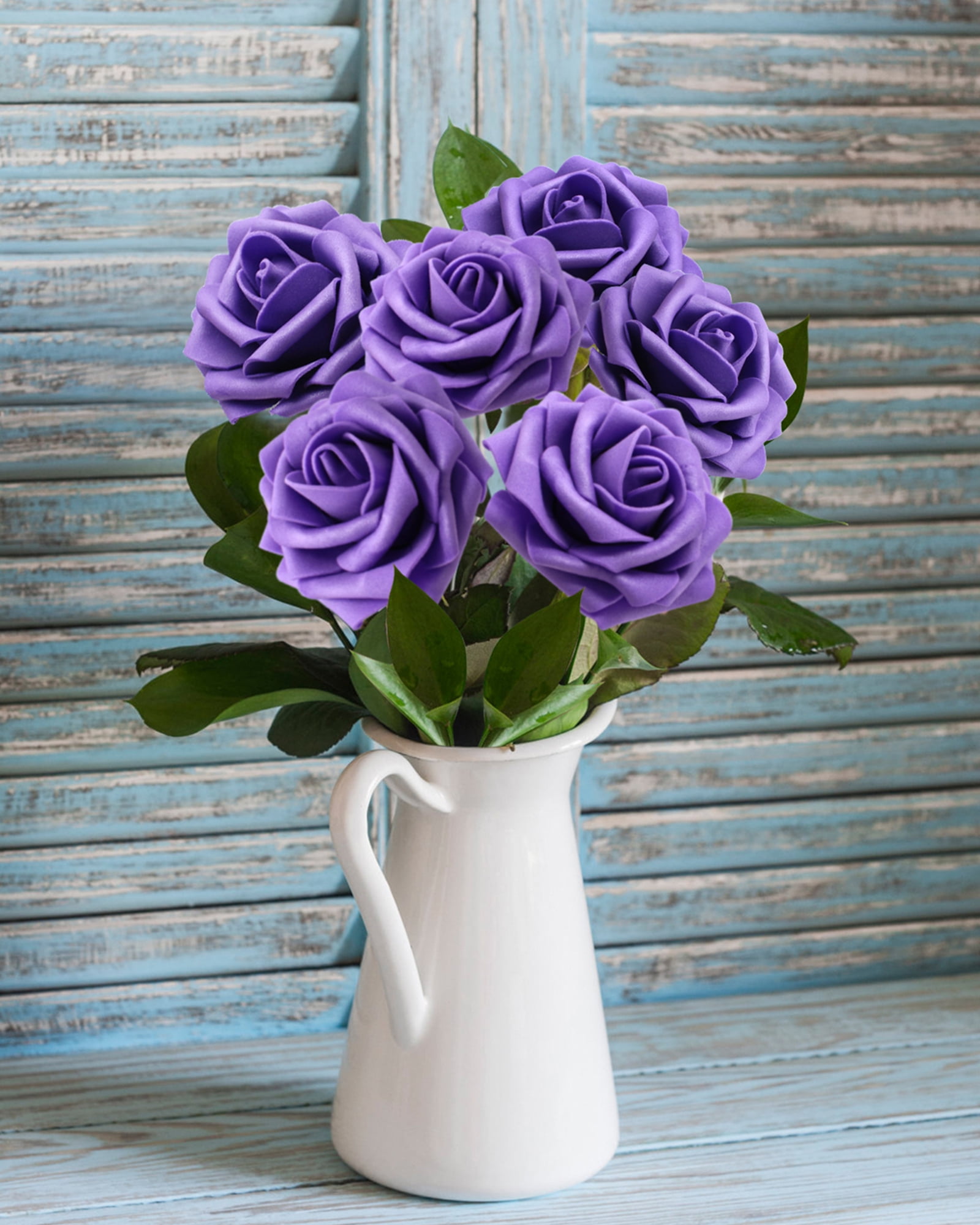 50 PCS Dark Purple Artificial Flowers Real Looking Faux Foam Fake Roses with Stems for Wedding Decoration Bridal Shower Centerpieces Arrangements Party Tables Decor