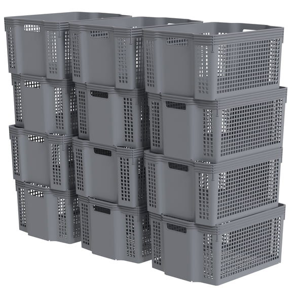 Parlynies 12-Pack Large Organization Basket, Pantry Storage Bins, Stackable Plastic Storage Basket for Organizing(Gray)