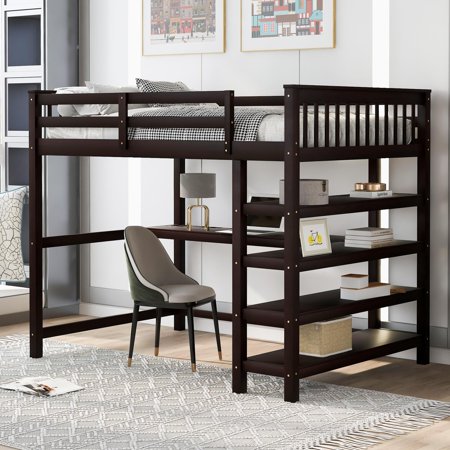 UBesGoo Full Loft Bed with Storage shelf  Stair and Under-Bed Desk  Espresso