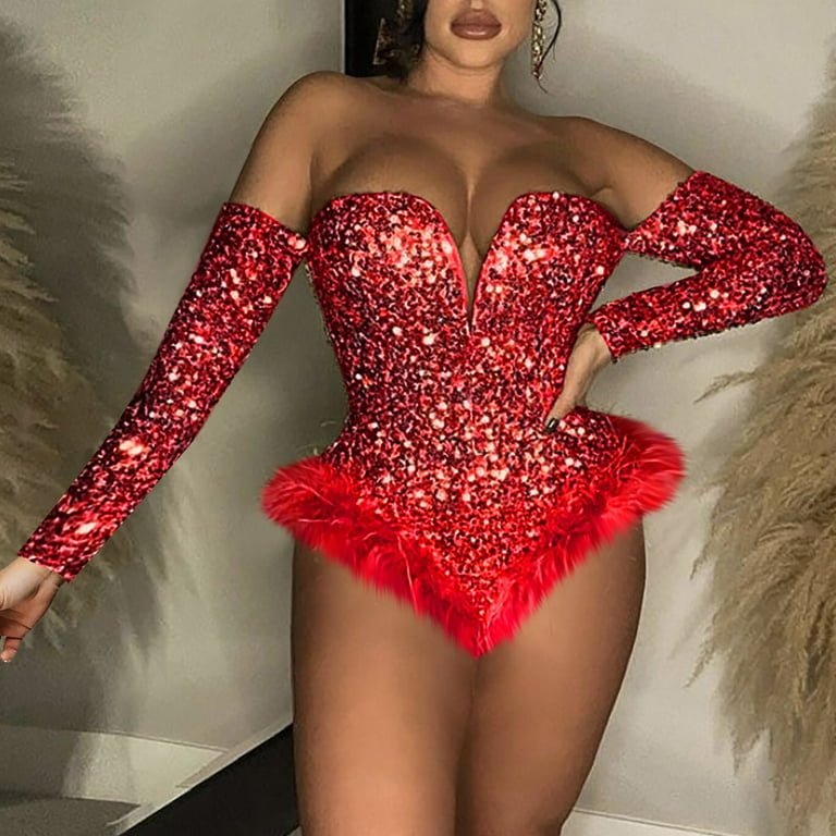 Jumpsuit Women'S Zipper Offshoulder Sequin Velvet Long Sleeve Bodysuit Sexy  Body Suit Tops,Red Mardi&nbsp;Gras Women'S Polyester Jumpsuit XL