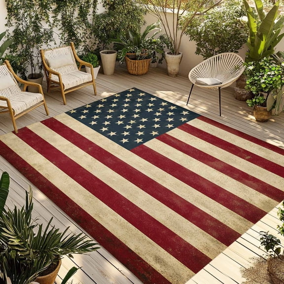 American Flag Outdoor Rug 5x7 Ft - Reversible Patio Rug Outdoor Camping Rugs, Vintage Red BlueUSA Flag Washable Indoor Outdoor Area Rugs, Non-Slip Outdoor Carpet Runner for Deck/Porch