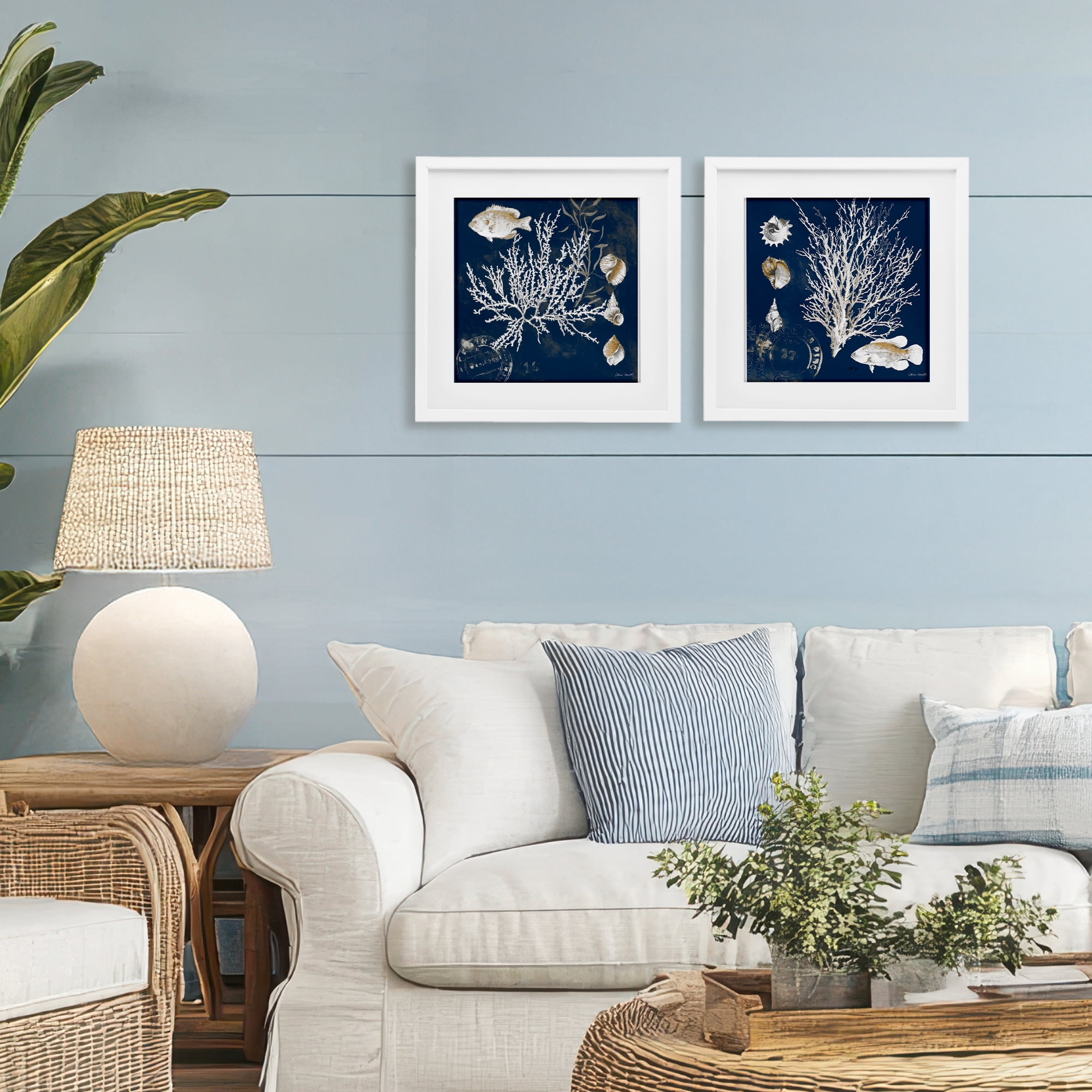 Stupell Industries Navy Coral Medley 2 Piece White Framed Print Under Glass Set, design by Lanie Loreth