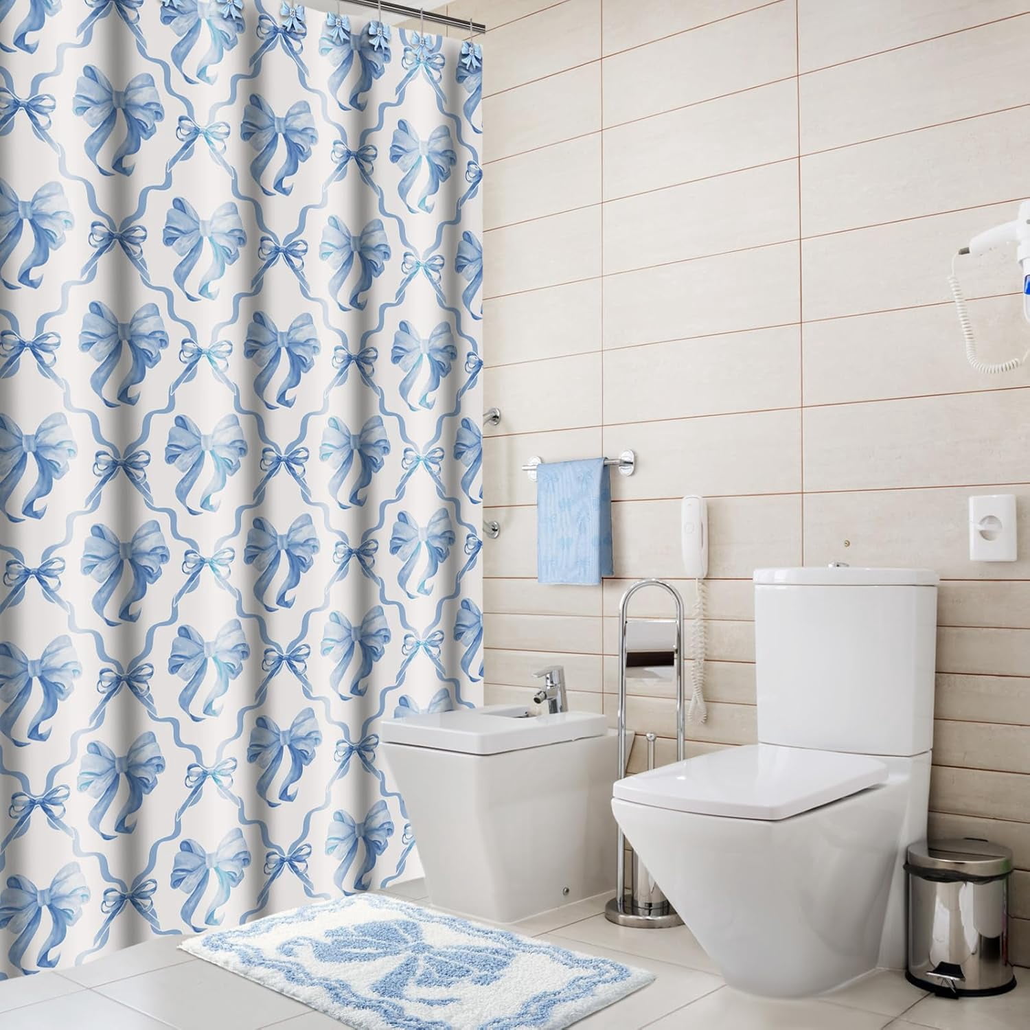 18 Pcs Blue Bow Fabric Shower Curtain Set with 12 Decorative Shower Curtain Hooks Blue Bow Knot Bathroom Towels Coquette Non Slip Absorbent Microfiber Rug for Modern Aesthetic Bathroom