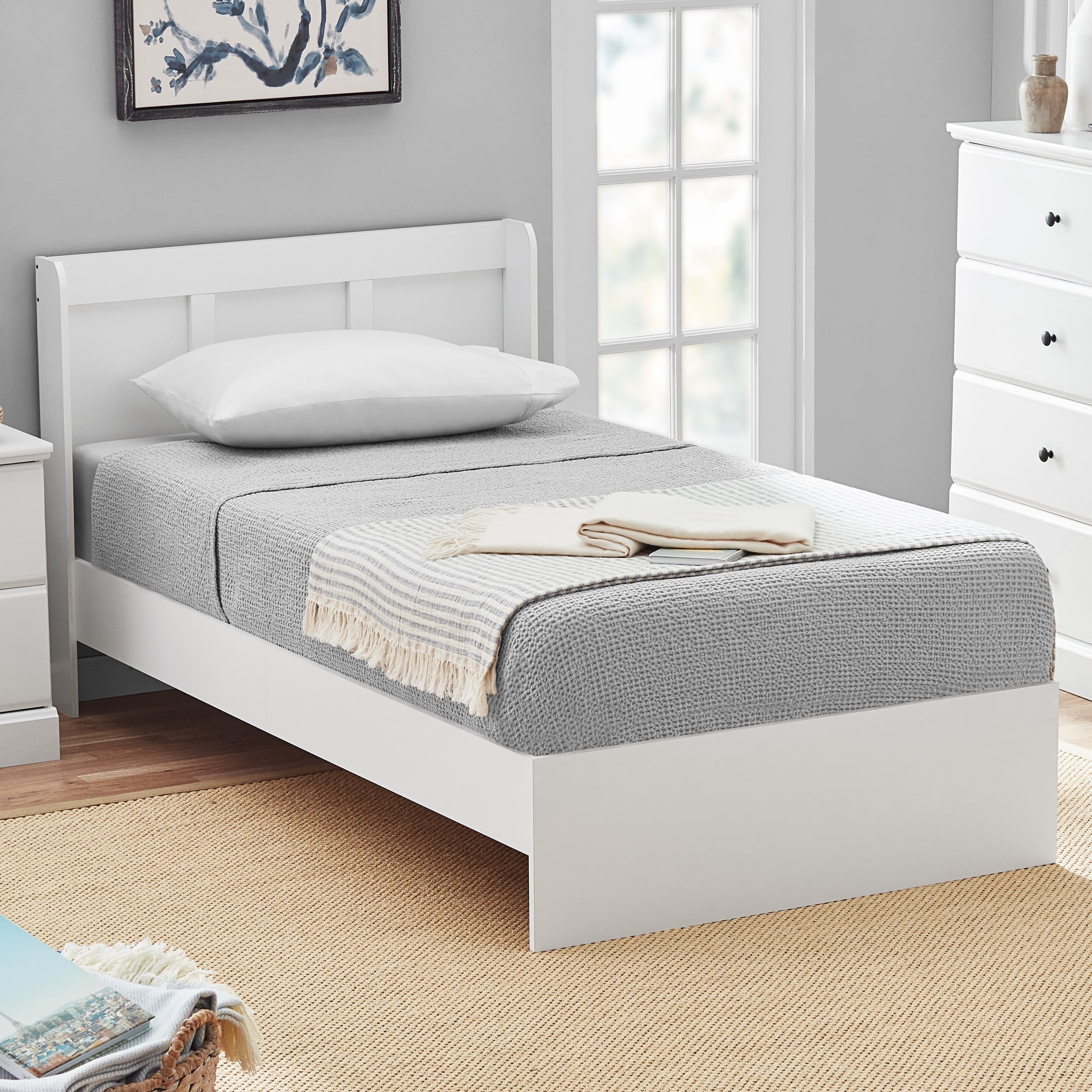 Sauder Parklane Platform Twin Bed with Headboard, Soft White Finish