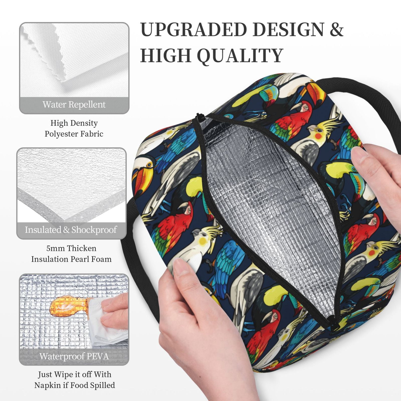 Horeoi Parrot Pattern Large Insulated Lunch Bag for Work, School, Picnic - Waterproof, Durable Oxford Cloth, Comfortable Handle-Black