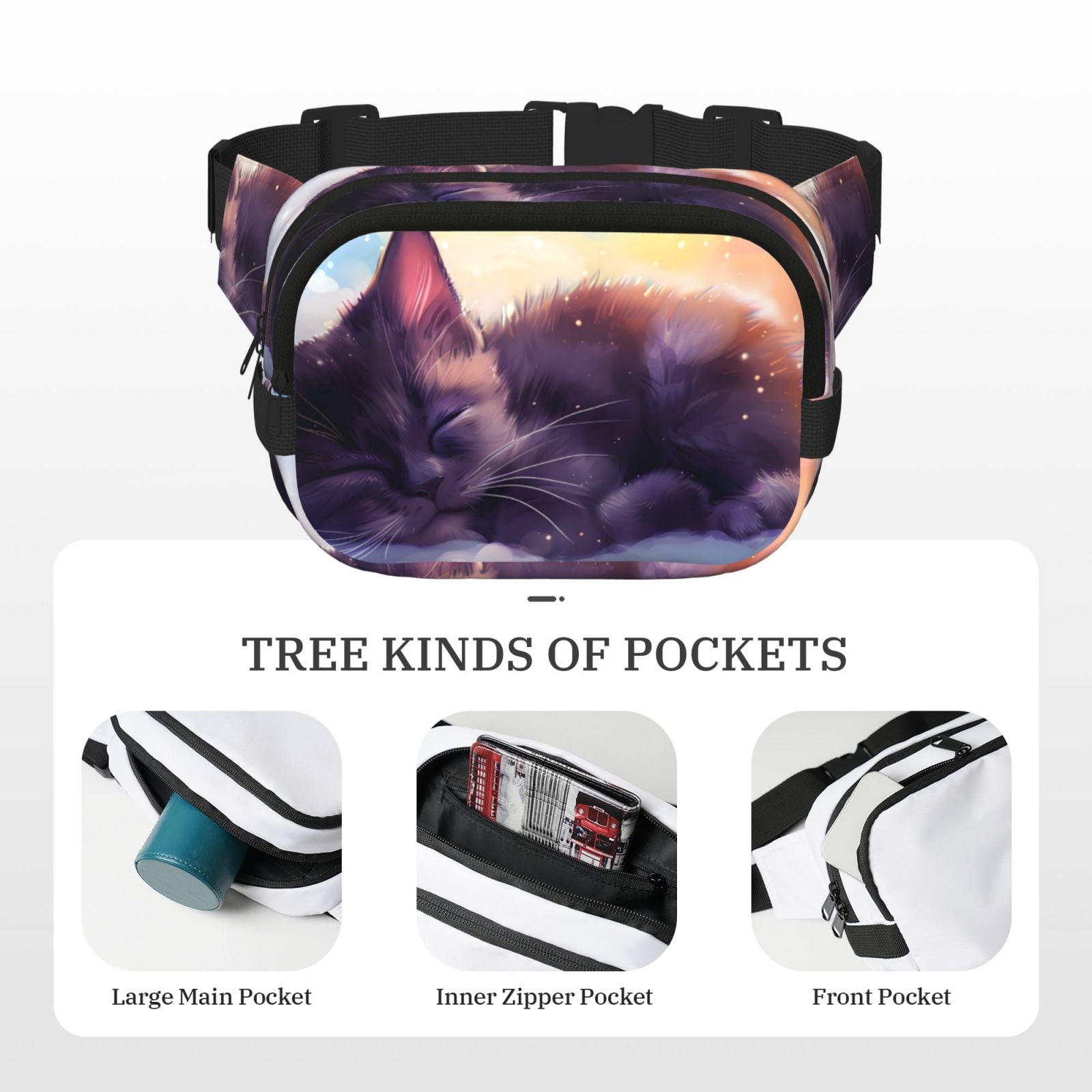 Picia Colorful Cloud Sleeping Cat Print Square Double-Layer Waist Bag Mini Adjustable Waist Belt Bag Exercise Running Travel Hiking