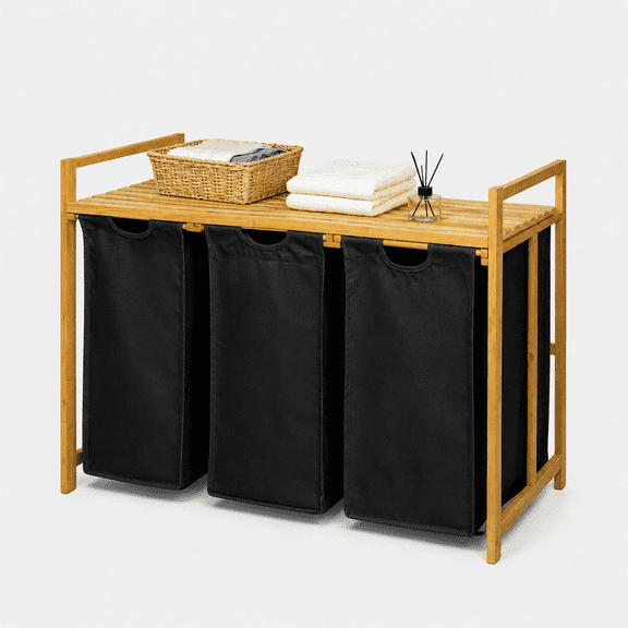 150L Bamboo Laundry Hamper Sorter with Storage Shelf, 3-Bag Clothes Organizer with Removable Pull-Out Liners, Freestanding Wooden Laundry Basket for Bathroom, Bedroom, Laundry Room, Dark Gray