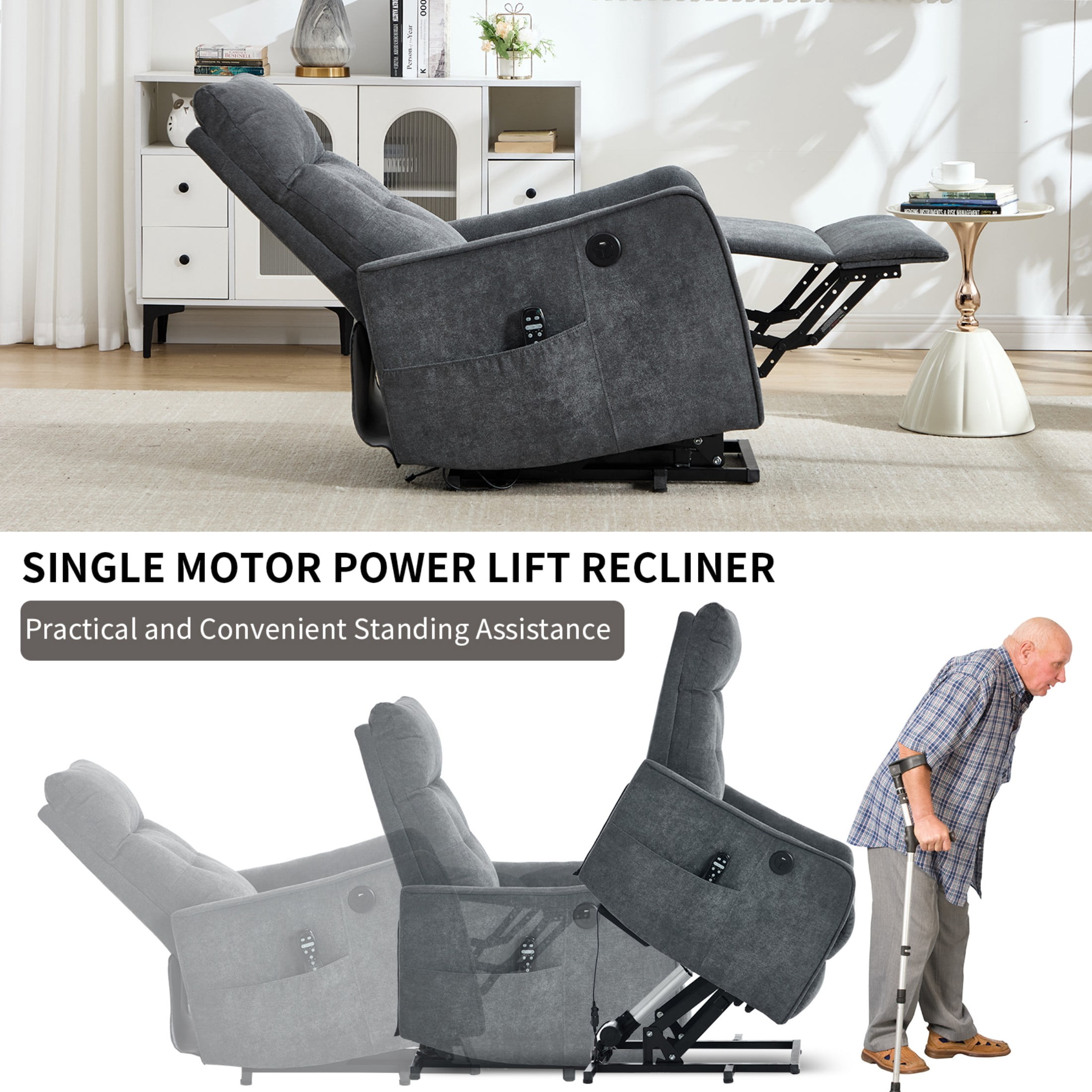 Aukfa Power Lift Recliner Chair with Massage and Heat for Elderly, Electric Chair with USB Port & Side Pocket for Living Room, Dark Gray