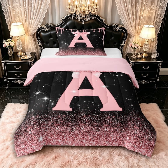 Manfei Kawaii Bow Personalized Initial A Twin Comforter Sets 3-Piece for Girls,Gradient Glitter Print Bedding Set for Kids Teens,Pink Reversible,Ultra Soft Home Decor
