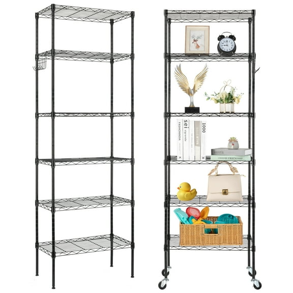 Qiushi Adjustable 6-Tier Storage Rack with Wheels, 65” H Floor Standing Metal Shelving Unit, 99 lbs/Shelf Tool Organizer Shelf for Garage, Kitchen, Restaurant, Warehouse, Black