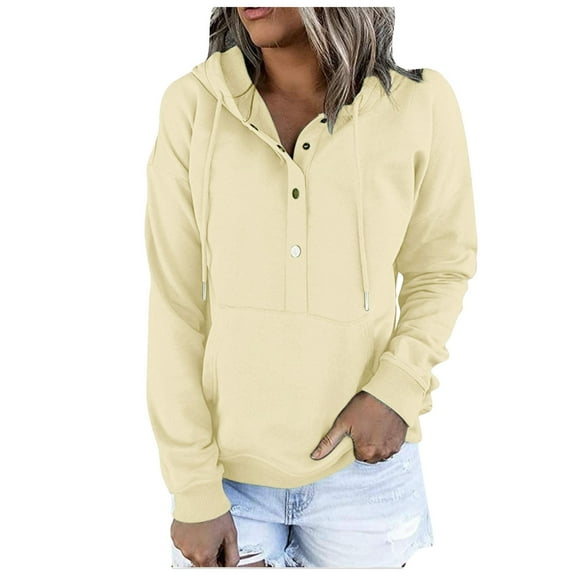 Curenmufel Womens 2024 Hoodies Button Collar Drawstring Hooded Pullover Sweatshirt Casual Long Sleeve Tops Shirts(Beige,M)