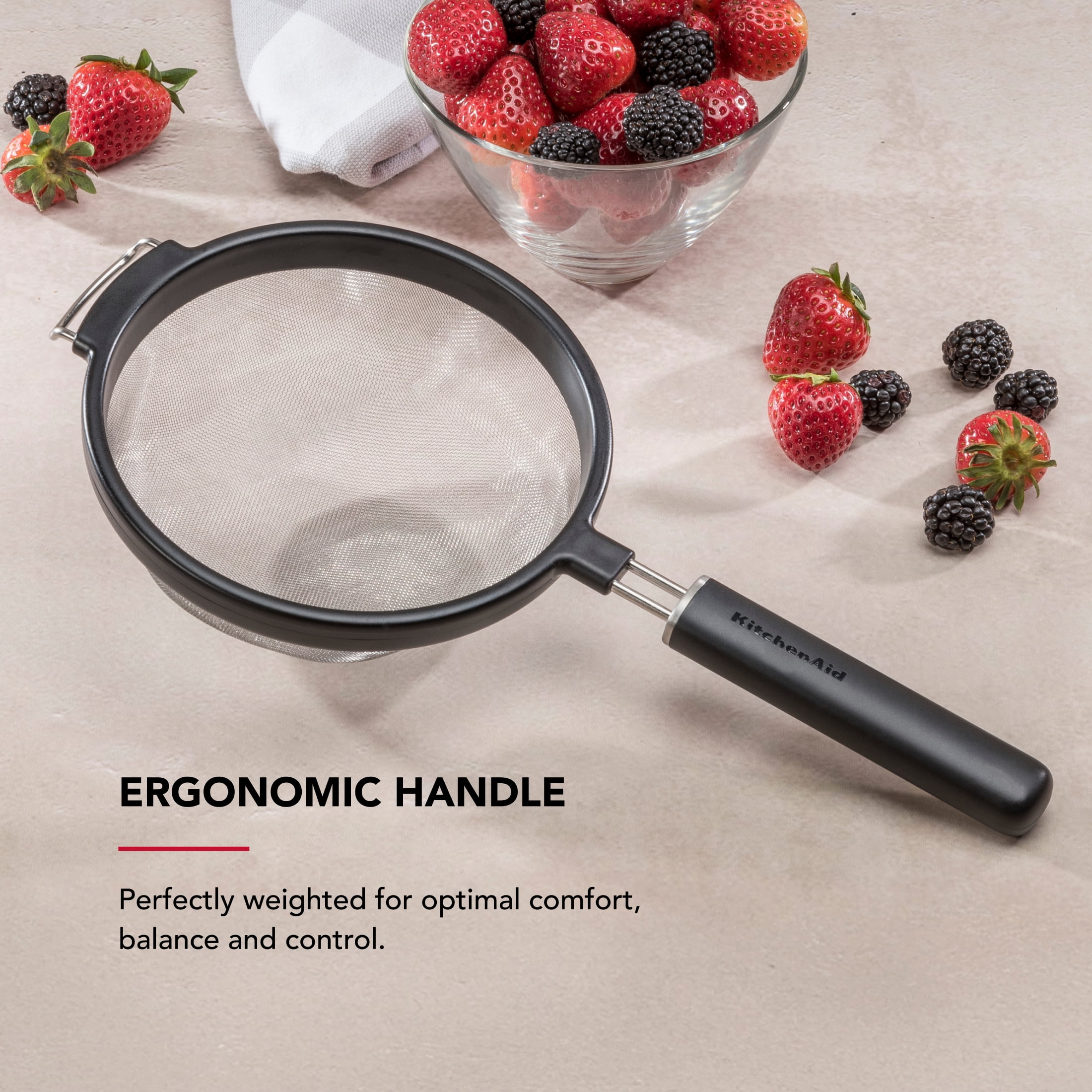 KitchenAid Stainless Steel 7in Fine Mesh Strainer with Ergonomic Handle and Resting Lip, Black