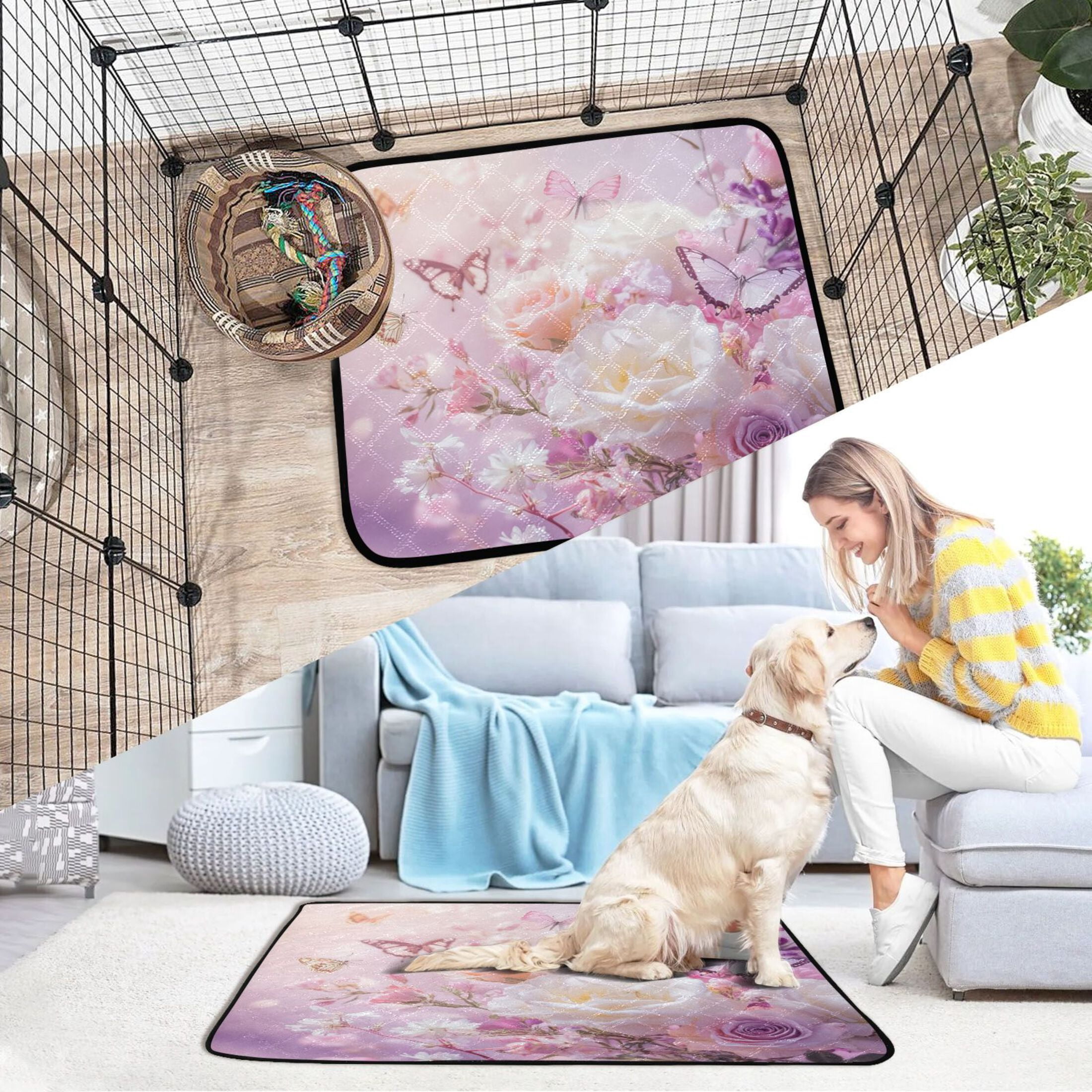 Qxltty Butterfly Garden Cat litter Pads Pet Set of 3 Diaper Mats Center Anti-leakage Layer Absorbent Soft and Comfortable