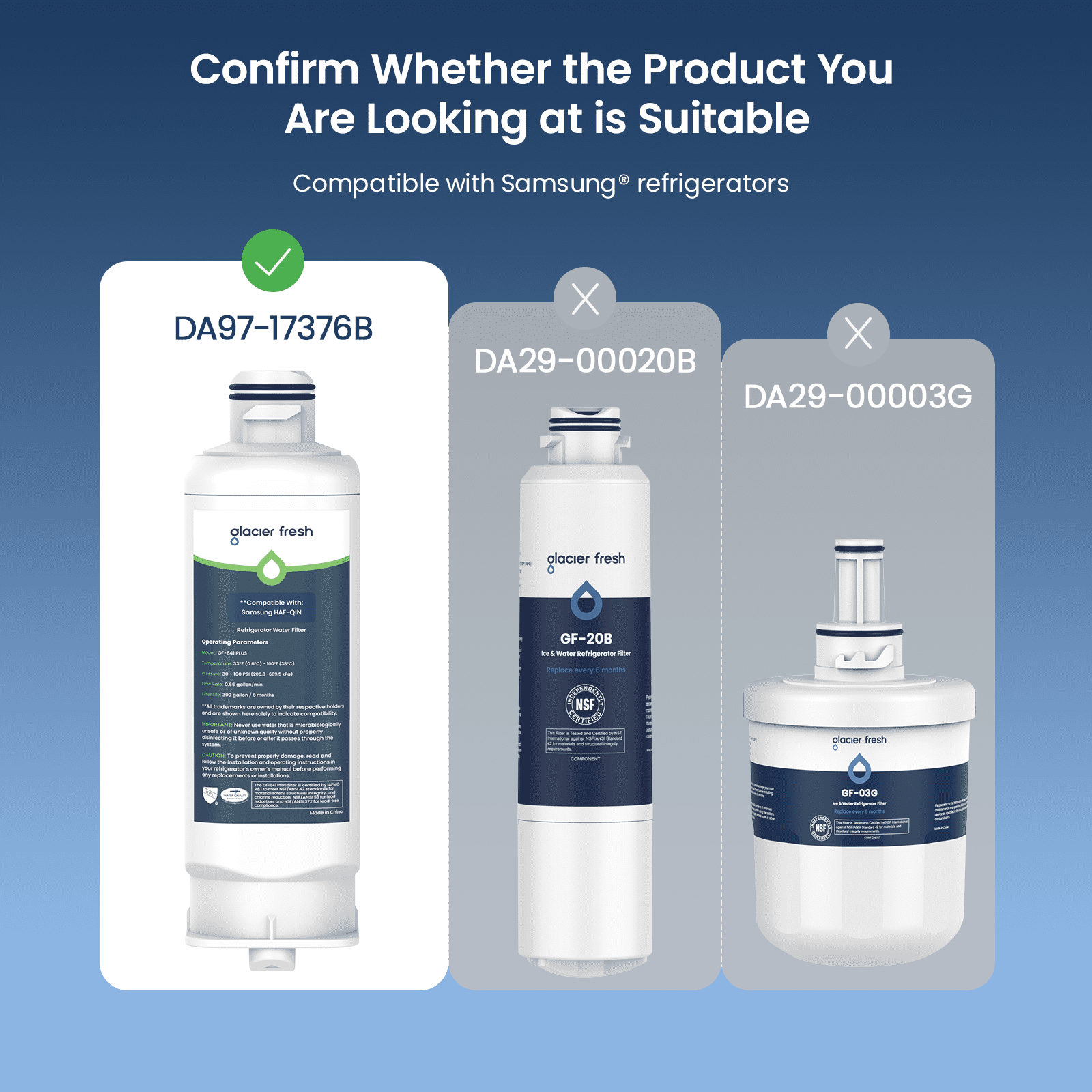 GLACIER FRESH DA97-17376B Refrigerator Water Filter, NSF/ANSI 53 & 372 Certified, Compatible with HAF-QIN, HAF-QIN/EXP, DA97-08006C, RF23M8070SG, RF23M8070SR, RF23M8090SG, 3 Pack