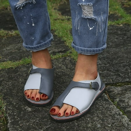

NEGJ Summer Sandals Retro Buckle-Strap Color Matching Sandals Flat Bottom Roman Ladies Shoes