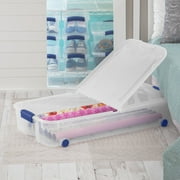 Sterilite Latching Wheeled Storage Bin, 66 Quart Clear Underbed Storage Container with Latch Lid, Blue, 4 Pack
