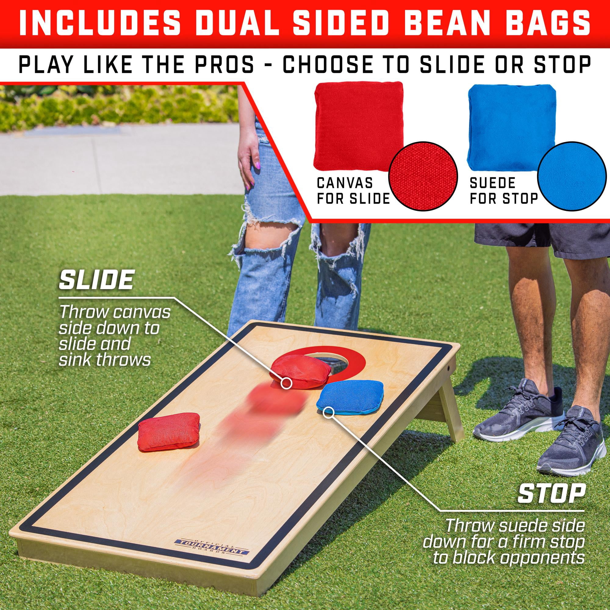 GoSports Tournament Edition Regulation Cornhole Game Set - 4 ft x 2 ft Wood Boards with 8 Dual Side (Slide and Stop) Bean Bags