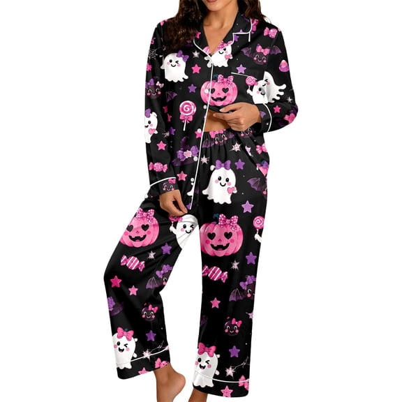 CONZONE Halloween Pajamas for Women Set Short Sleeve Button Down Graphic Tops Pants Pjs 2 Piece Spooky Season Sleepwear