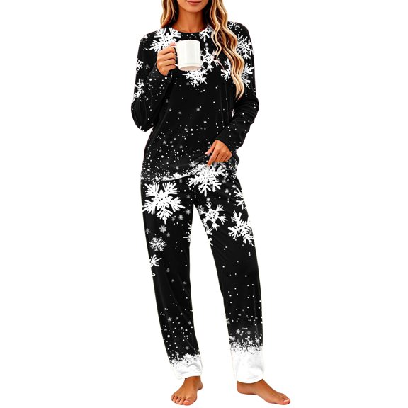 Women Christmas Pajama Set Print Crew Neck Long Sleeve Top with Long Pants Holiday Loungewear Sleepwear