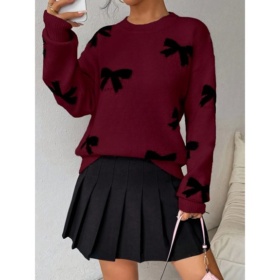 Women'S Elegant Knit Pullover Sweater, Cute Crew Neck Long Sleeve Top with Butterfly Pattern, Regular Fit Polyester Knit Fabric for Fall/Winter