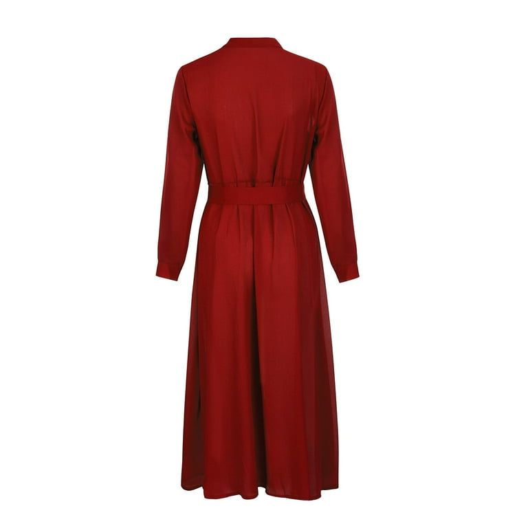 MSJUHEG Womens Fall Dresses Red Dress Womens Lady Casual Fashion Long  Sleeve Lapel Maxi Long Dress Solid Shirt Dress Maxi Dress Wine M -  Walmart.com