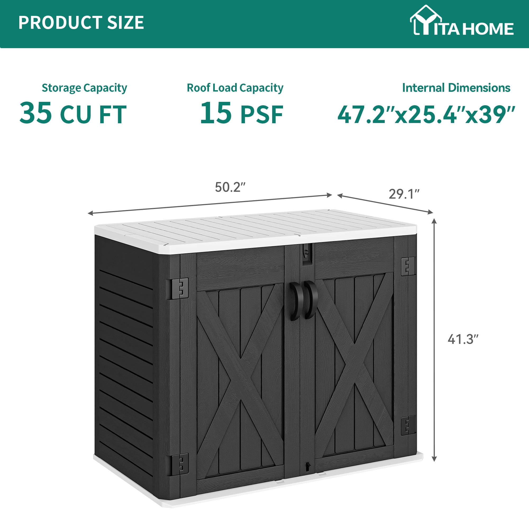 Outdoor Horizontal Storage Shed with X-Shaped Lockable Door, 35 Cu Ft Weather Resistant Resin Tool Shed