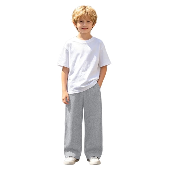 Kids Korean Style Slim Wide Leg Sweatpants, Boys Girls Straight Leg Knit Trousers, Elastic Waist Casual Pants for Daily Outdoor Wear(Light Gray,7-8 Years)
