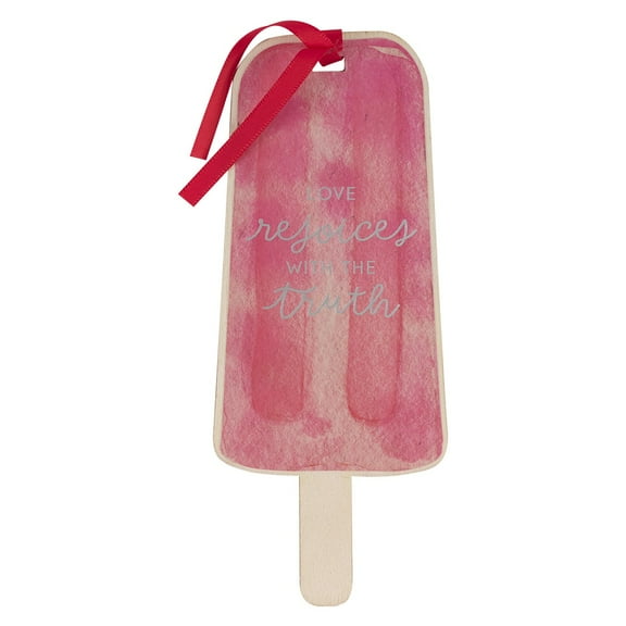 Pink Wooden Popsicle Scripture Bookmark: Love Rejoices with Truth w/Satin Ribbon