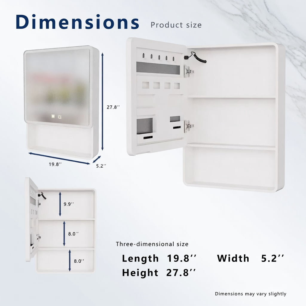 Hommoo LED Bathroom Medicine Cabinet with Anti-Fog Mirror & Warm White Lighting, Wall-Mounted Aluminum-Plastic Vanity Storage Cabinet, One Door, White