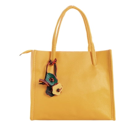 Double Zip Purse - Woman Textured Leather Floral Decor Zip Closure Satchel Yellow