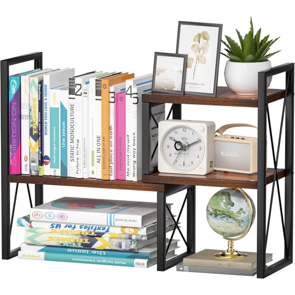 Expandable Desktop Shelf Organizer, 2 Tier Wood Desk Shelf for Office, Metal Corner Bookshelf, Countertop Storage Rack (Brown)