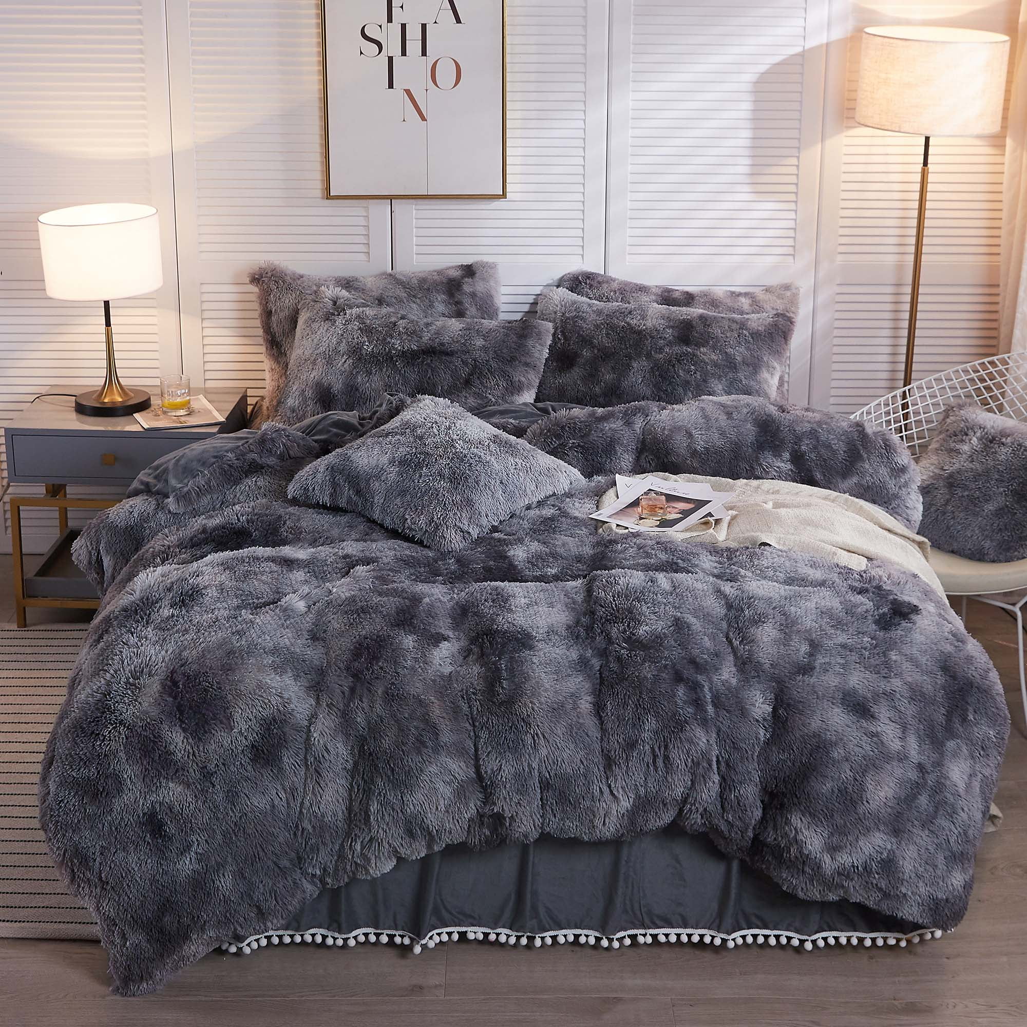 King, Charcoal EDS Teddy Fleece Luxury Duvet Cover Sets Thermal Warm & Super Soft Cozy Fluffy with Matching Pillow Case 