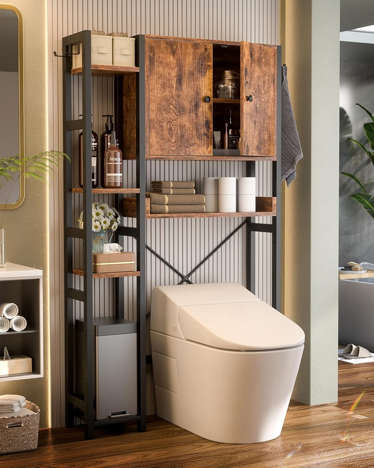 iSunirm Over The Toilet Storage Cabinet with Doors, 7 Tier Freestanding Bathroom Organizer with Adjustable Shelf & 4 Hooks for Bathroom, Restroom, Laundry, Rustic Brown