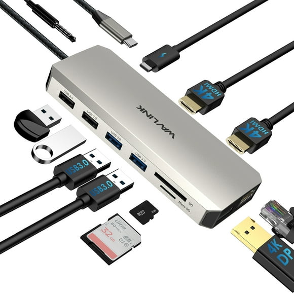 WAVLINK 12-in-1 USB C Hub Triple Display, 85W Charging, Dual HDMI + DisplayPort 4K@144Hz, Gigabit Ethernet, USB 3.0, SD/TF Reader for Laptop (MacBook, Windows, iPad)