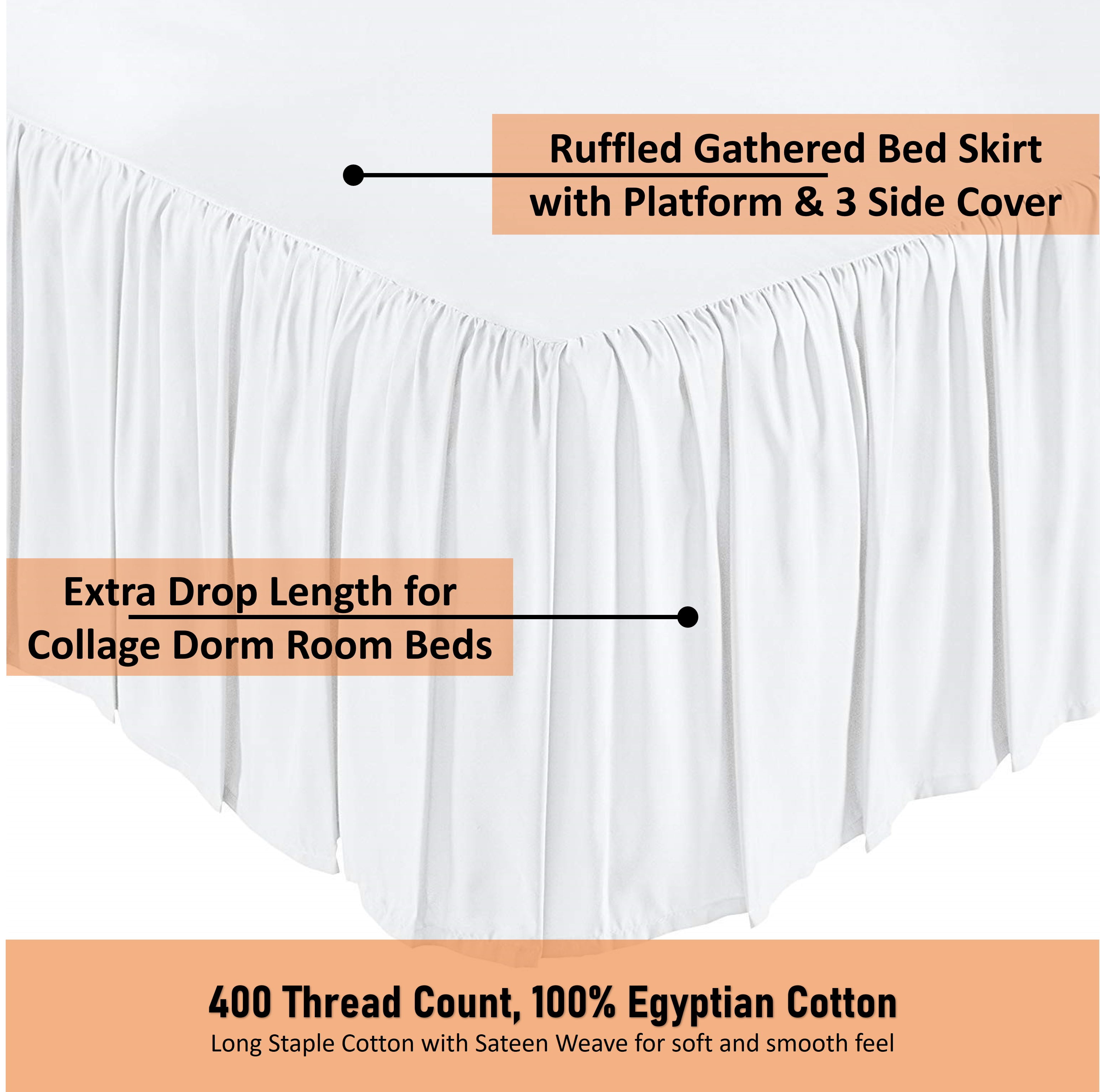 College Dorm Room Dust Ruffled Bed Skirt Extended Extra Long Bed Skirt, 100% Egyptian Cotton, 400-Thread-Count, 40-Inch Drop Extra Long Dorm Room Bed Skirt - Dark Grey, Twin XL - 39" x 80"