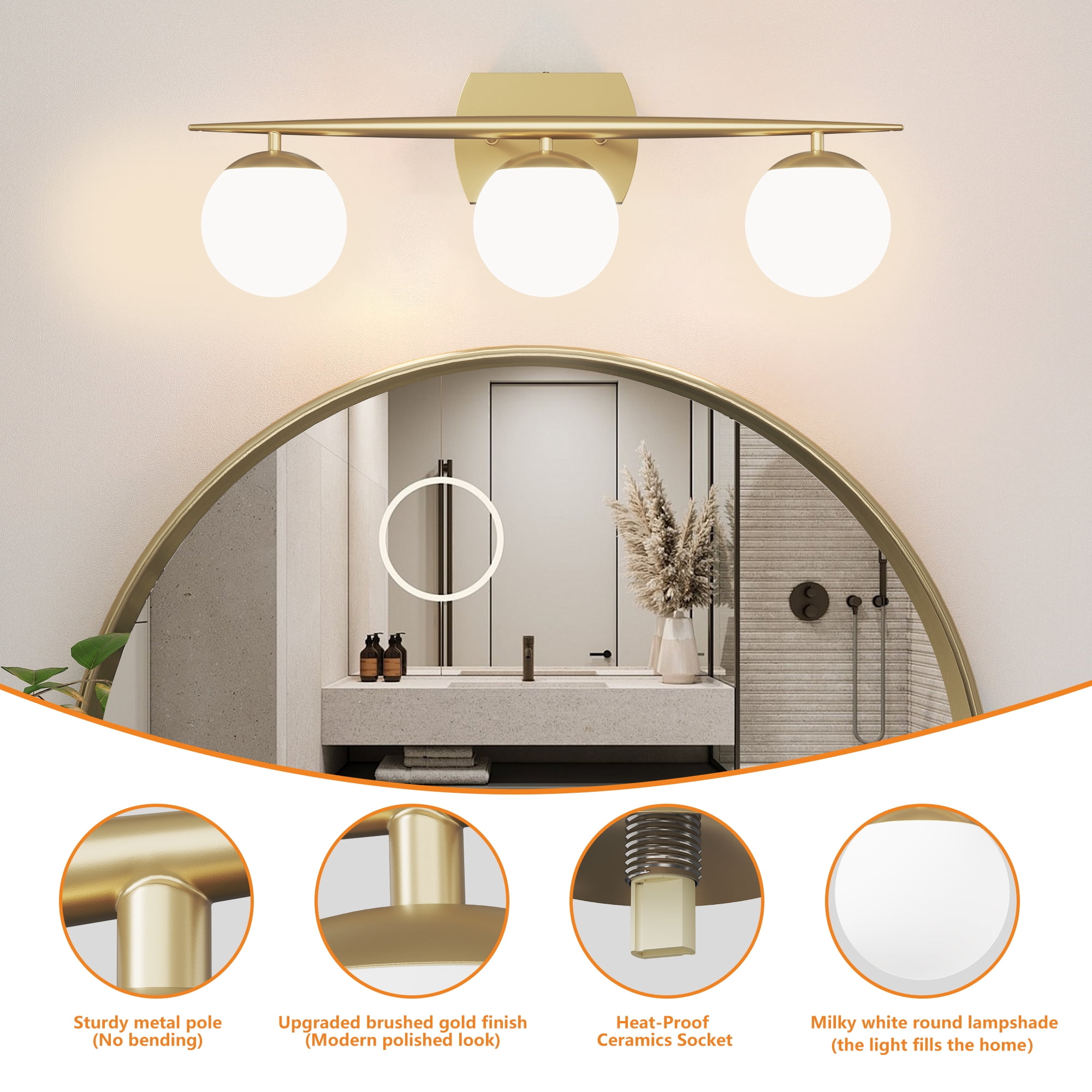 Black Vanity Lighting Fixtures, 4-Light 34.7 Inch Modern Bathroom Light with Milky White Frosted Glass Shades, Wall Lights for Bathroom, Bedroom, Living Room（G9 Bulb not Included）