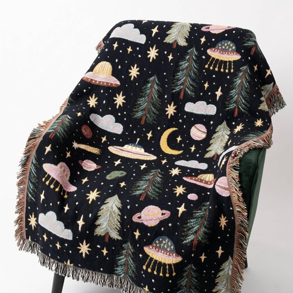 Ufo Alien Celestial Woven Cotton Throw Blanket, Retro Lightweight Comfort